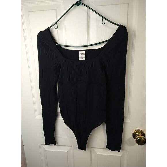 Pink Victoria Secret Woman M Black Long Sleeve Bodysuit Square Neck Ribbed - Picture 1 of 8